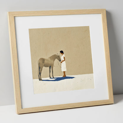 Grey Horse and Navy Shadow horse & rider art print in natural frame