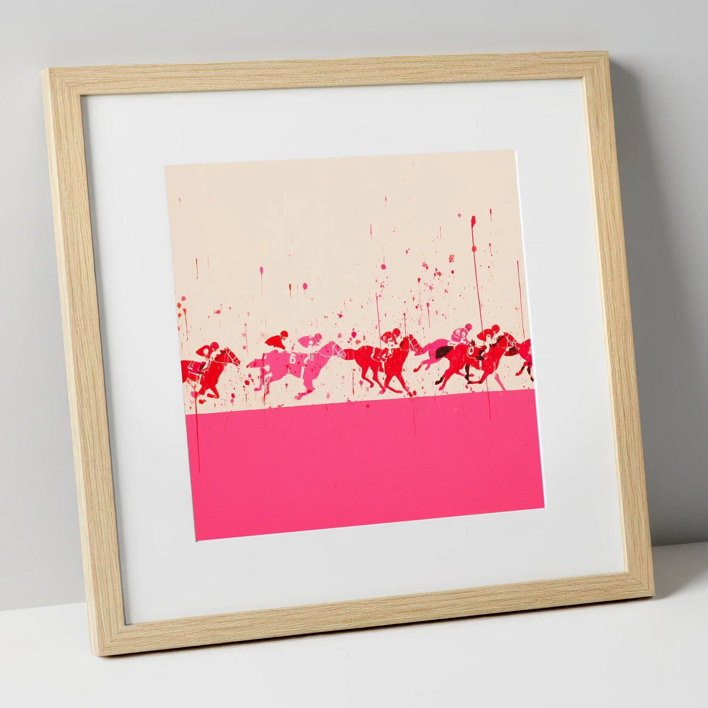 Crimson Surge racing horse art print in natural frame