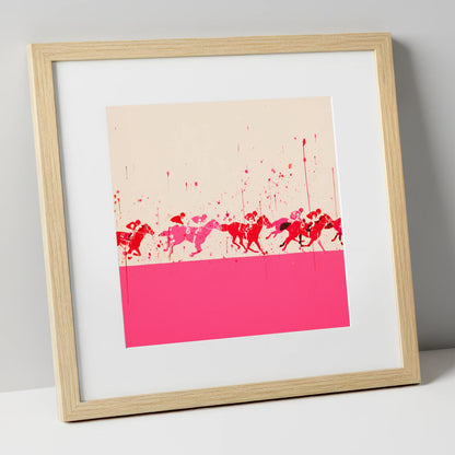 Crimson Surge racing horse art print in natural frame