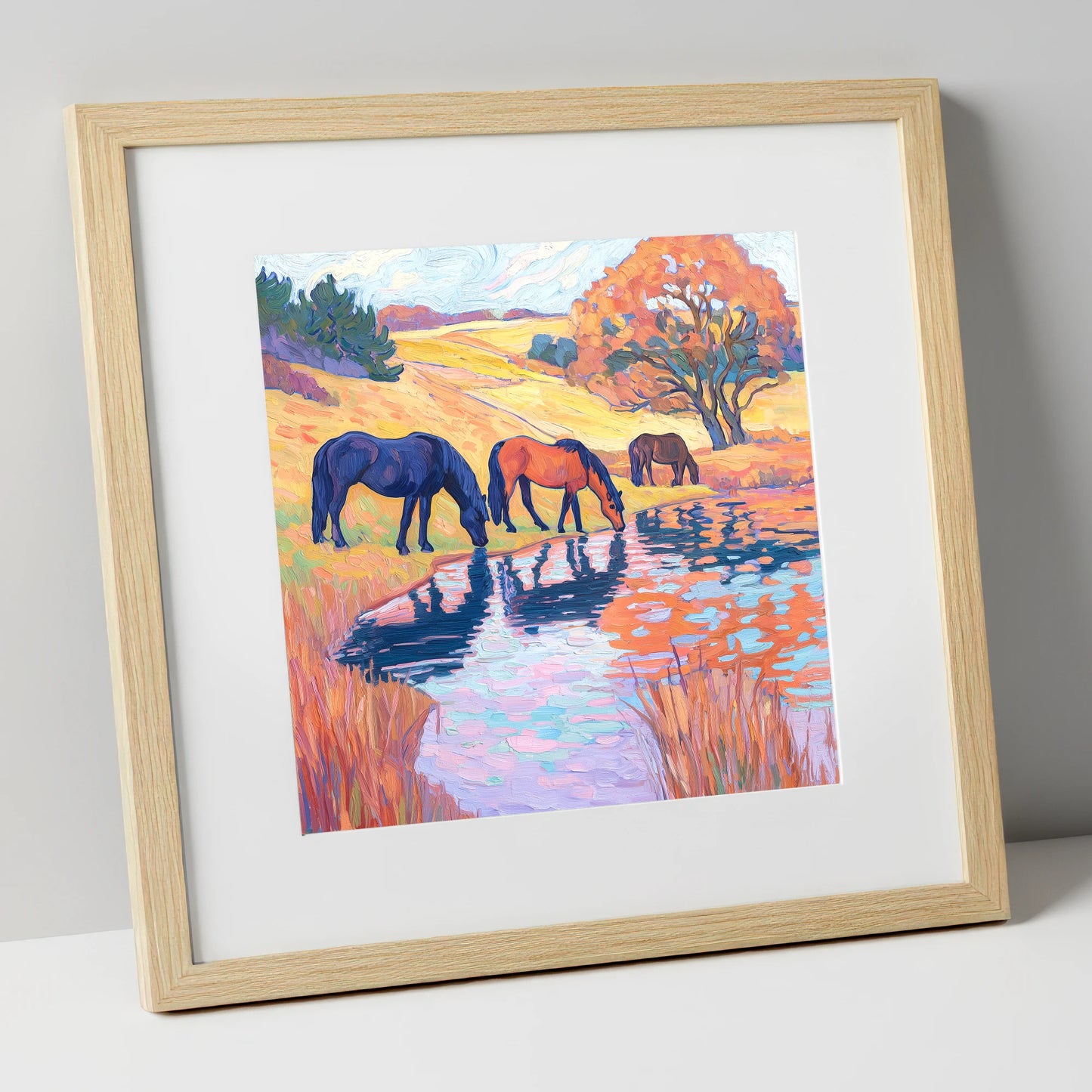 Painted Pasture Reflections horse landscape art print in natural frame