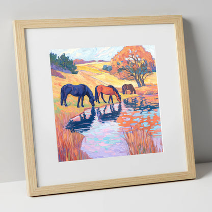 Painted Pasture Reflections horse landscape art print in natural frame