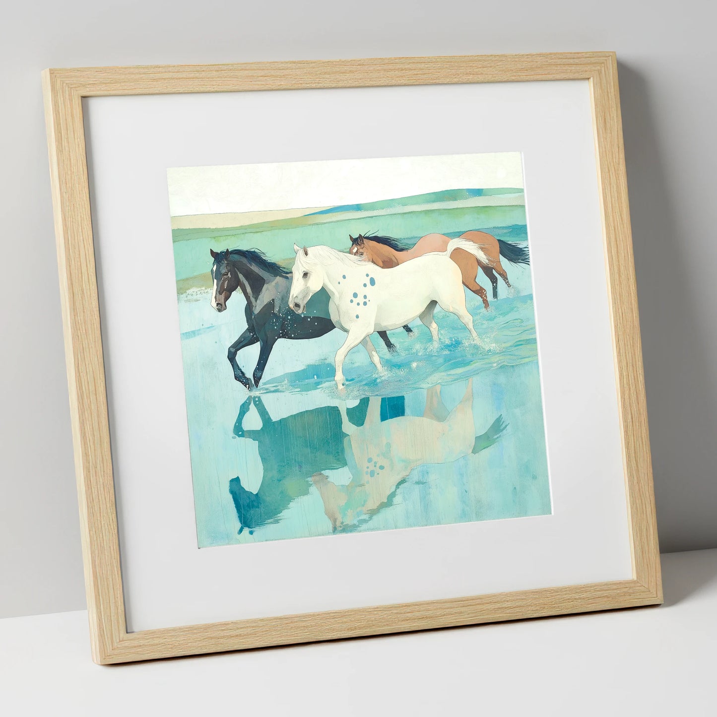 Tidal Canter wild horses art print in natural frame