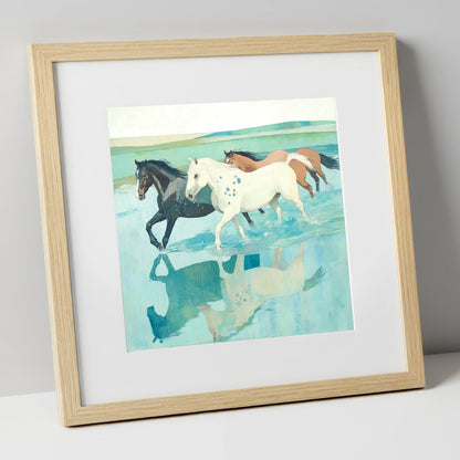 Tidal Canter wild horses art print in natural frame