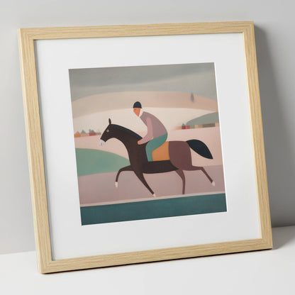 Muted Morning Canter racing horse art print in natural frame