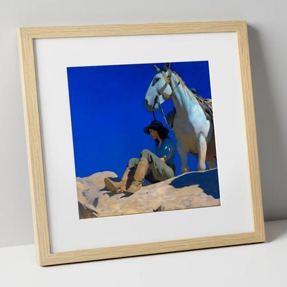 Beneath Azure Skies horse & rider art print in natural frame