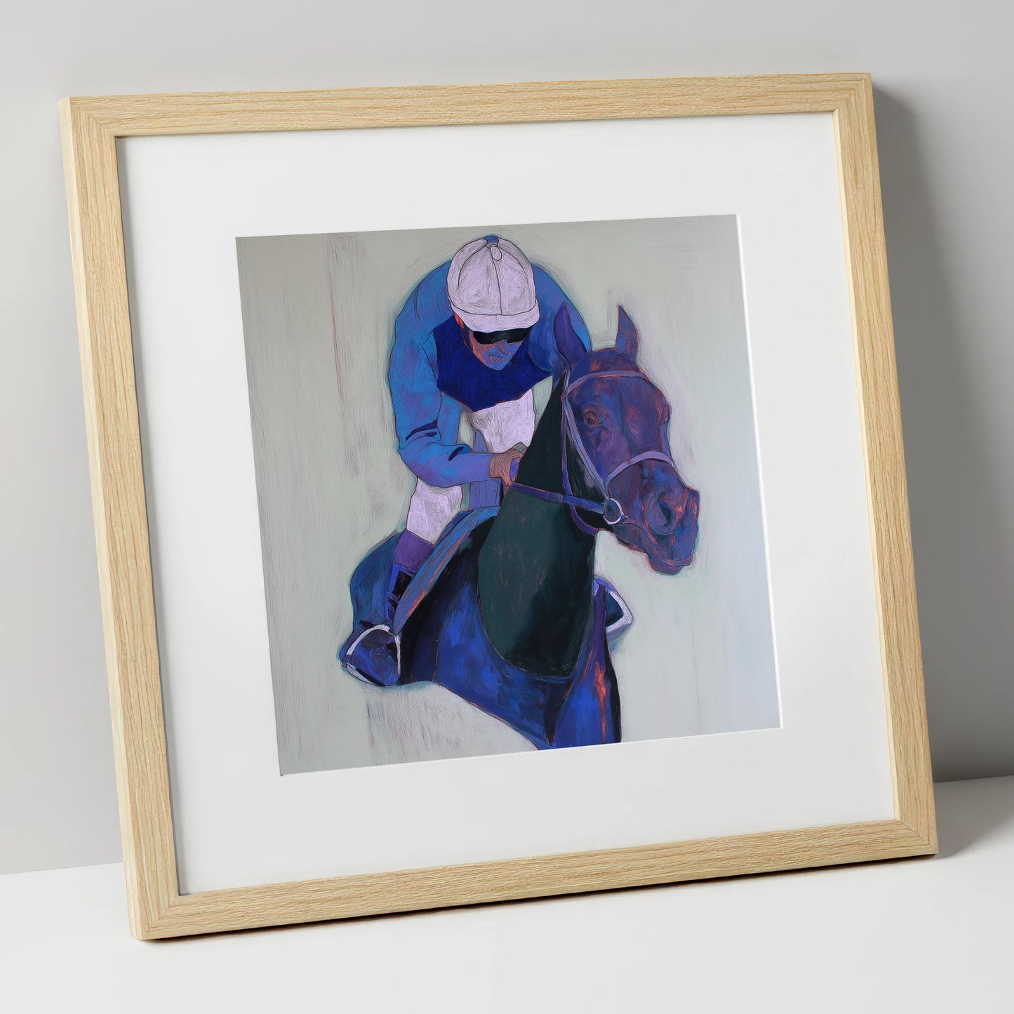 Focused in Blue racing horse art print in natural frame