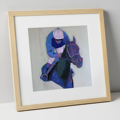 Focused in Blue racing horse art print in natural frame