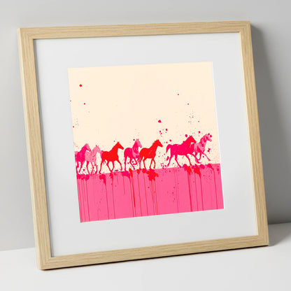 Magenta Motion wild horses art print in natural frame