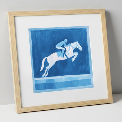 Azure Leap show jumping horse art print in natural frame