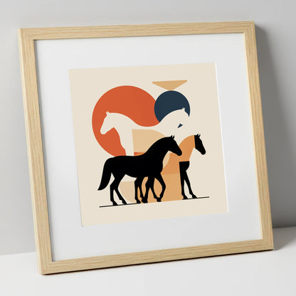 Mid-Century Equine Form wild horses art print in natural frame