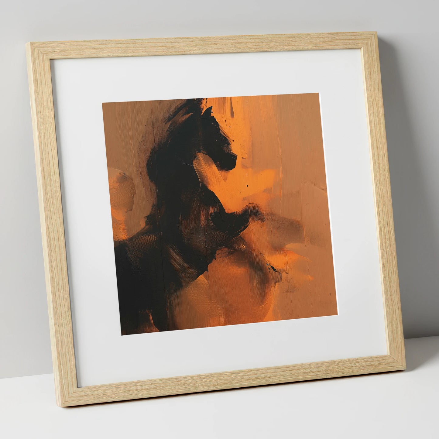 Amber Equine Silhouette horse portrait art print in natural frame