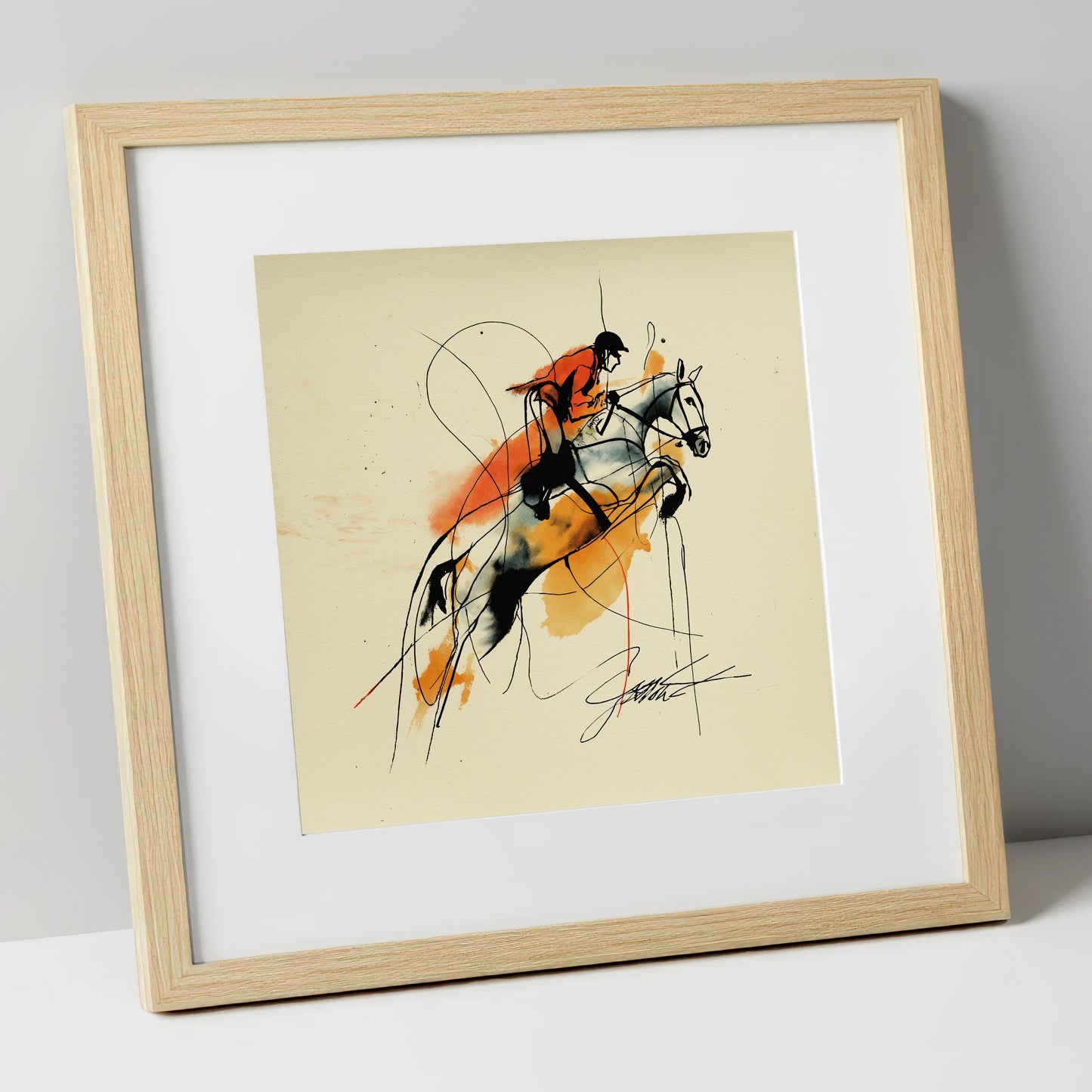 Suspended in Amber show jumping horse art print in natural frame