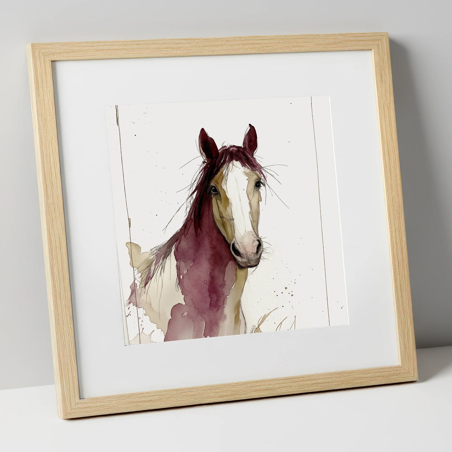 Plum Wash Equine Portrait horse portrait art print in natural frame