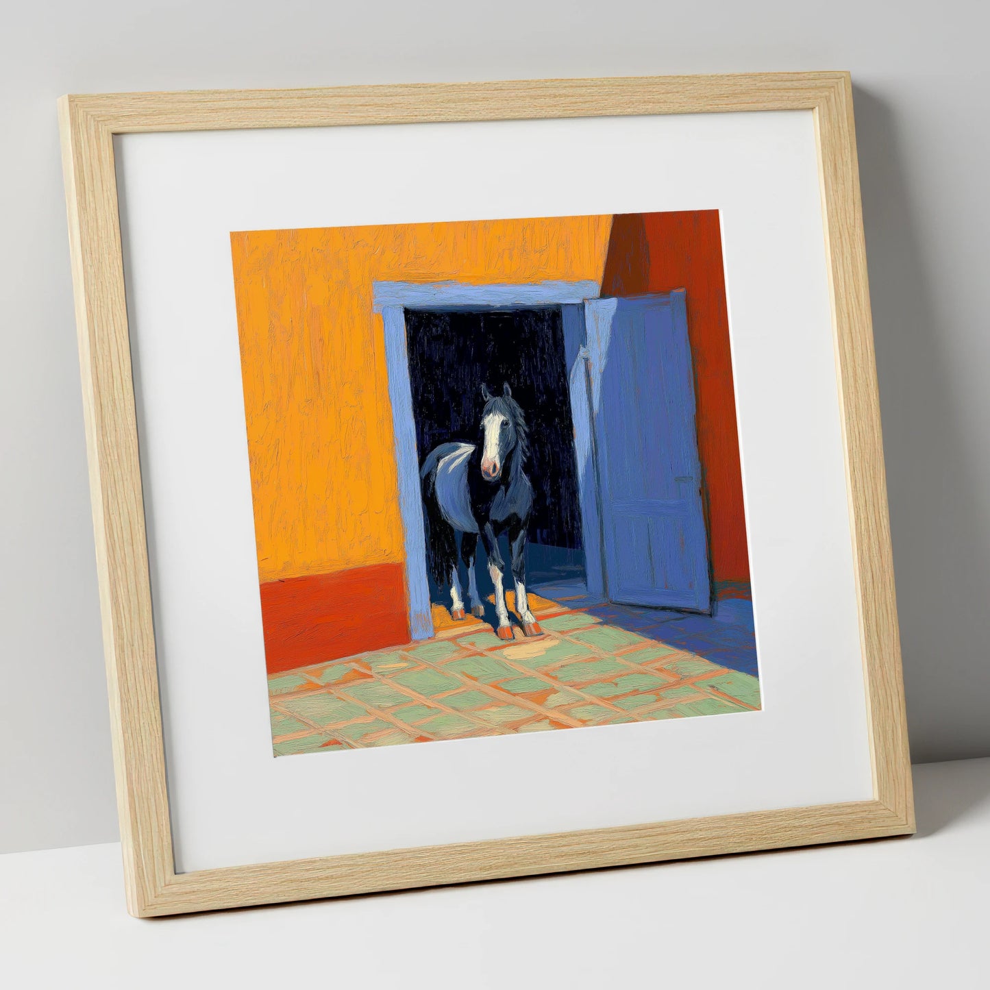 Sunlit Stable Doorway horse stable art print in natural frame