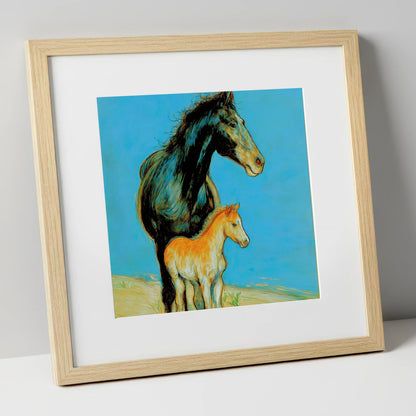 Cerulean Bond mare & foal art print in natural frame