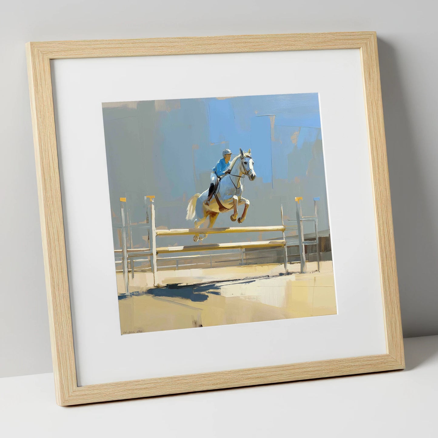 Sunlit Flight show jumping horse art print in natural frame