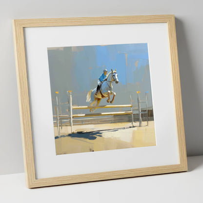Sunlit Flight show jumping horse art print in natural frame