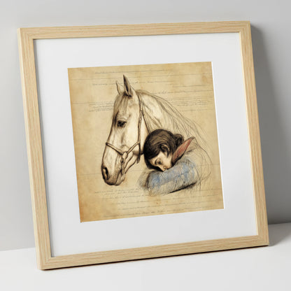 Timeless Connection horse & rider art print in natural frame