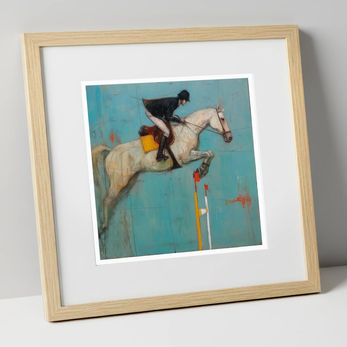Airborne Over Teal show jumping horse art print in natural frame