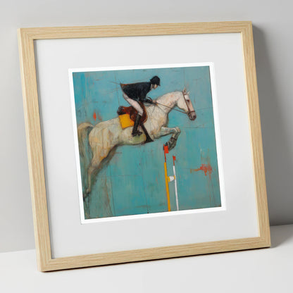 Airborne Over Teal show jumping horse art print in natural frame