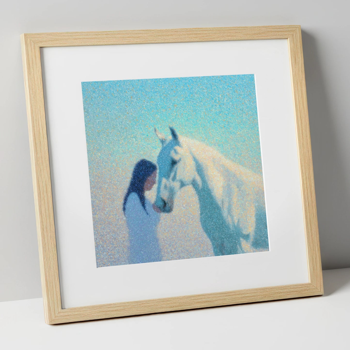 Luminous Connection horse & rider art print in natural frame
