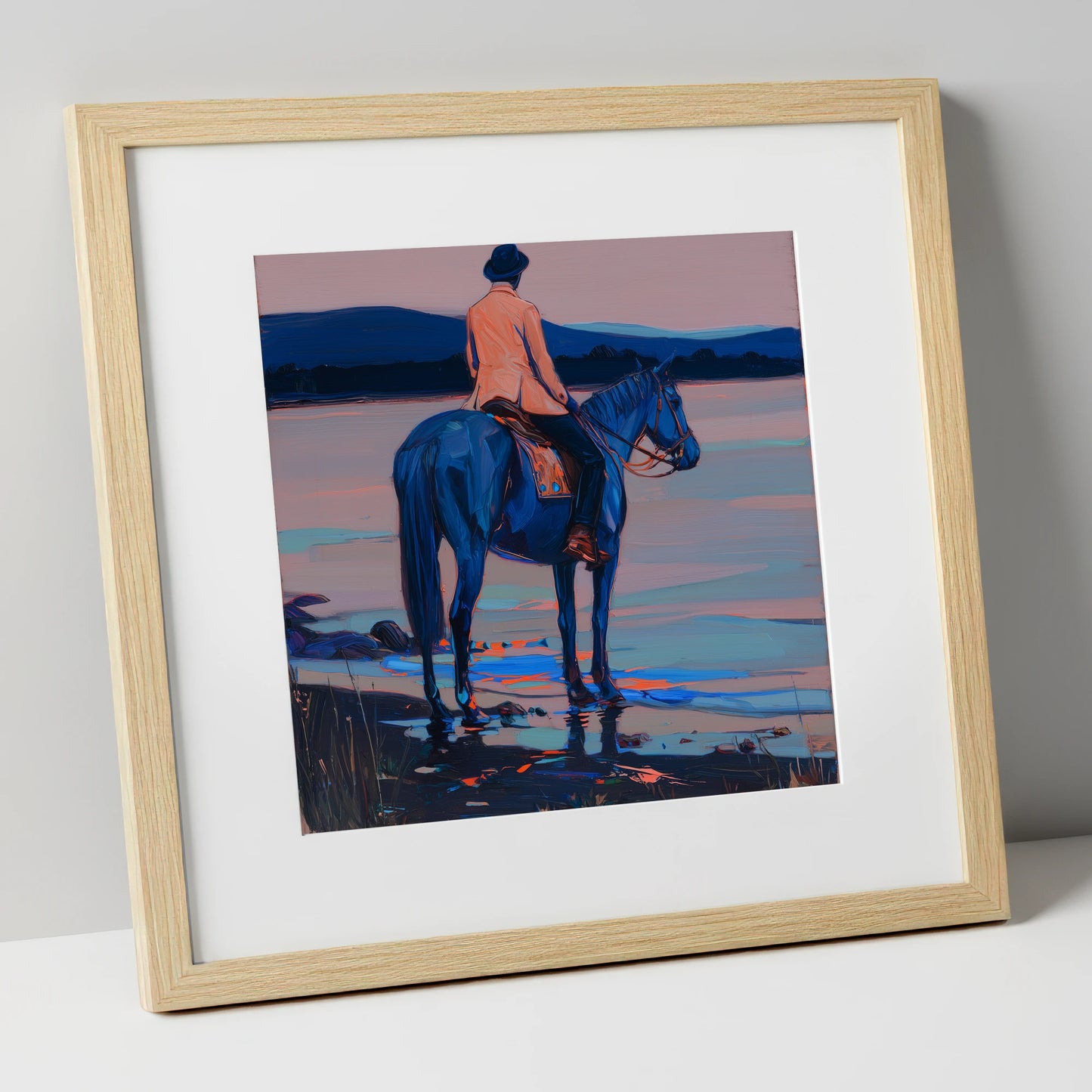 Indigo Coastal Hack beach horse art print in natural frame