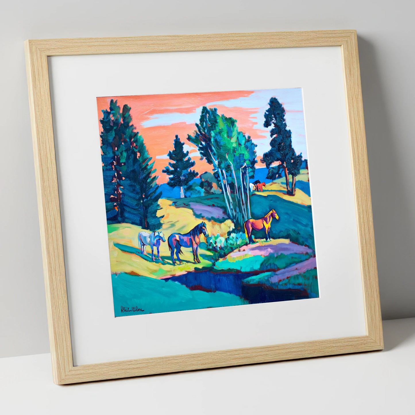 Vibrant Summer Pastures horse landscape art print in natural frame