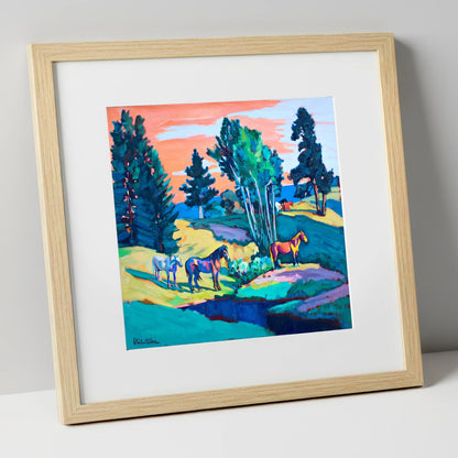 Vibrant Summer Pastures horse landscape art print in natural frame