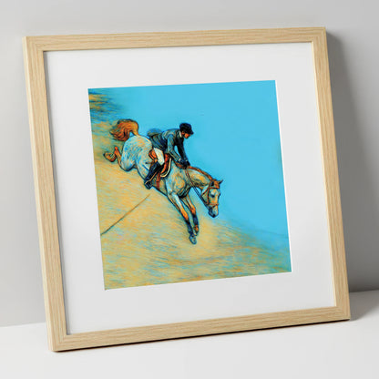 Bold Cerulean Flight show jumping horse art print in natural frame