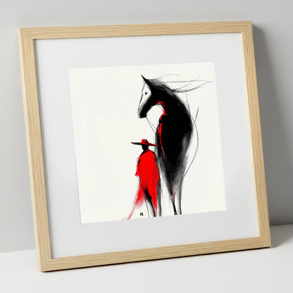Crimson Rider Silhouette western horse art print in natural frame