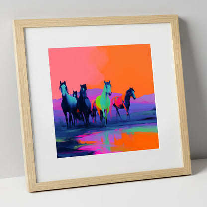 Electric Horizons wild horses art print in natural frame