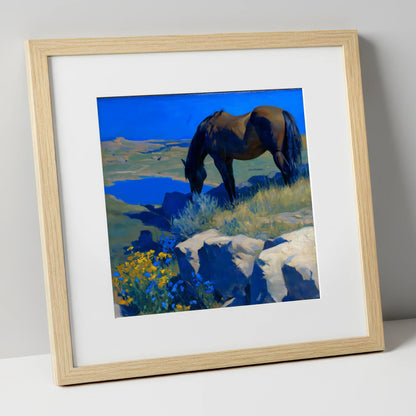 Cobalt Horizon Grazing horse landscape art print in natural frame