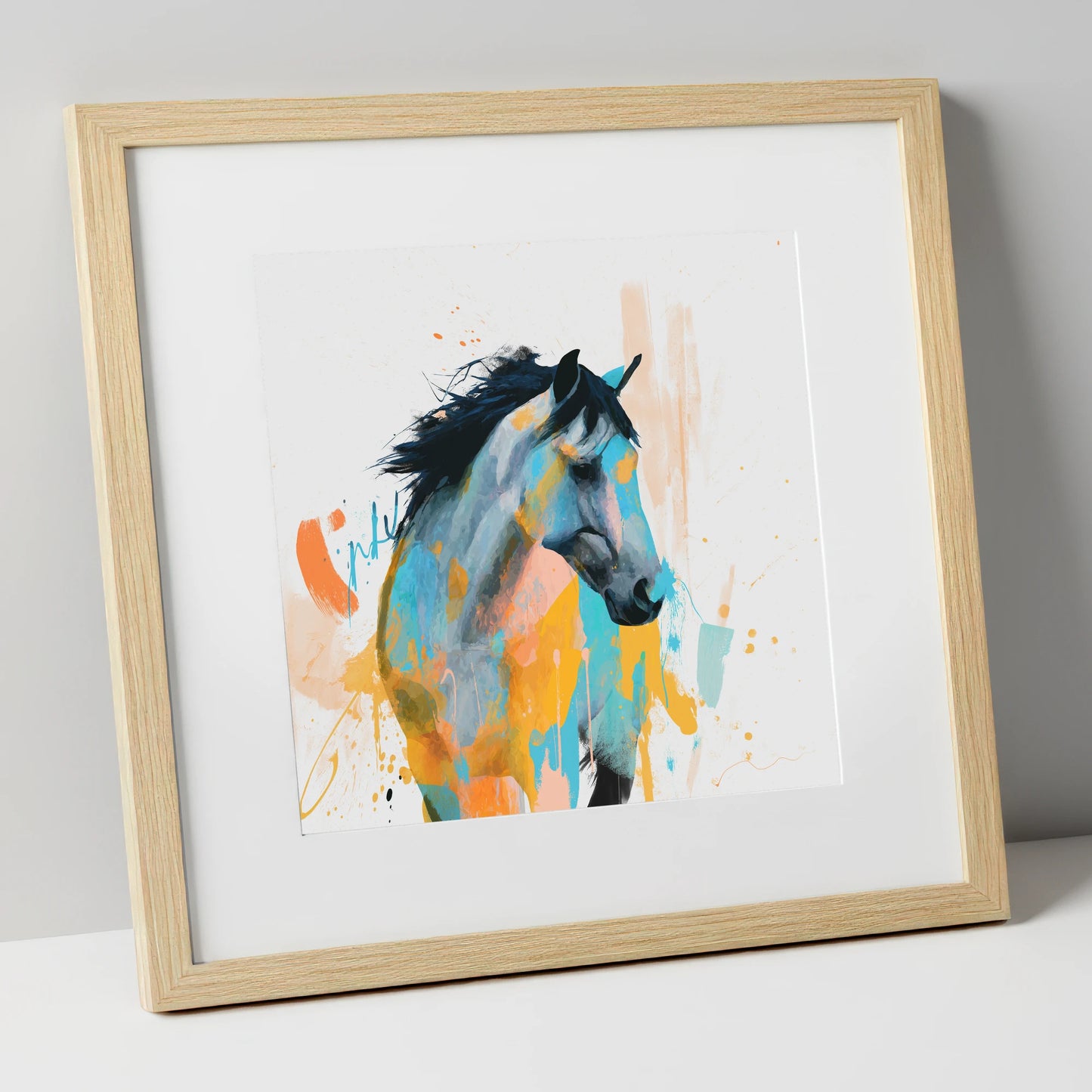 Teal and Amber Splendour horse portrait art print in natural frame