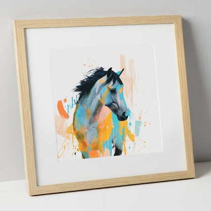 Teal and Amber Splendour horse portrait art print in natural frame