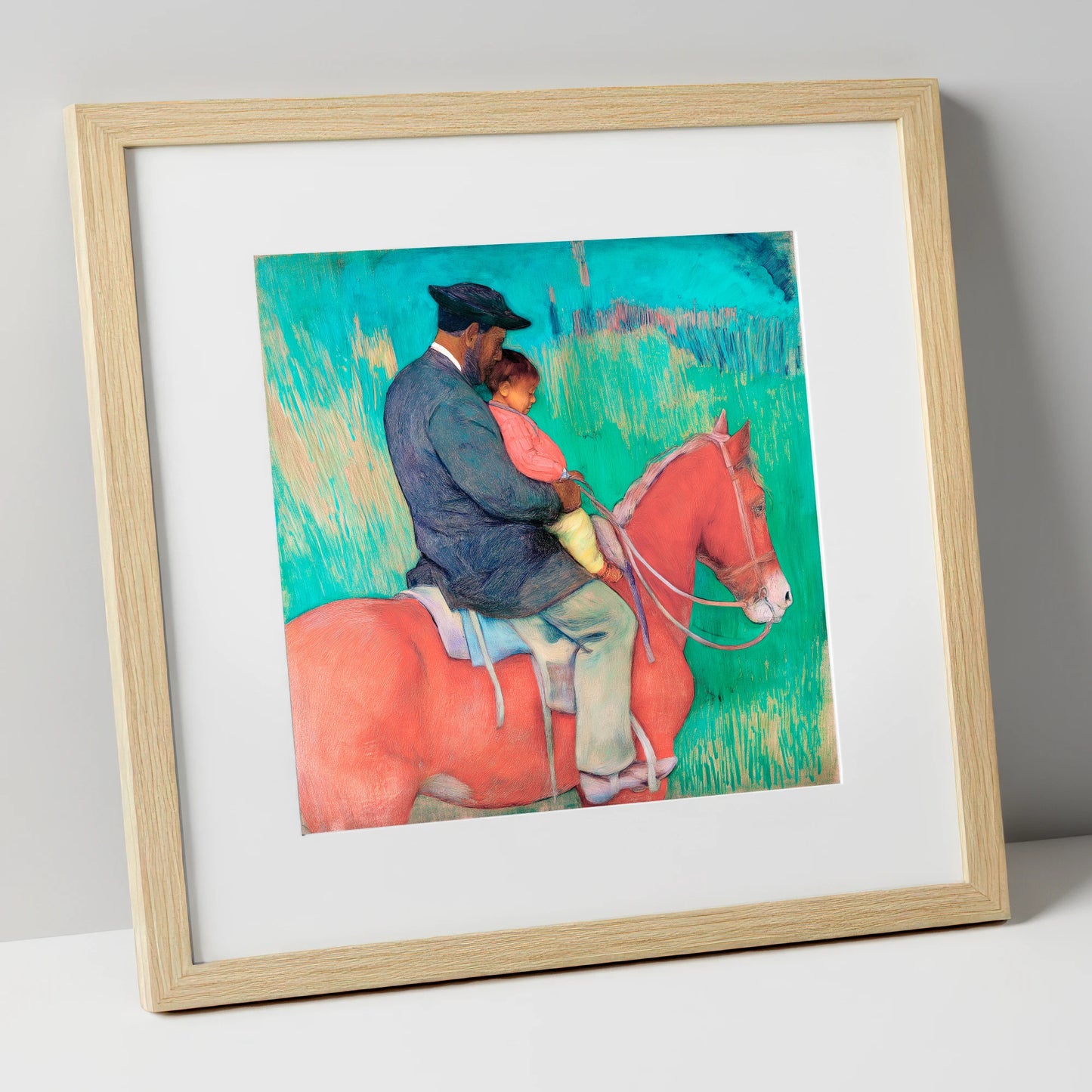 The Shared Ride horse & rider art print in natural frame