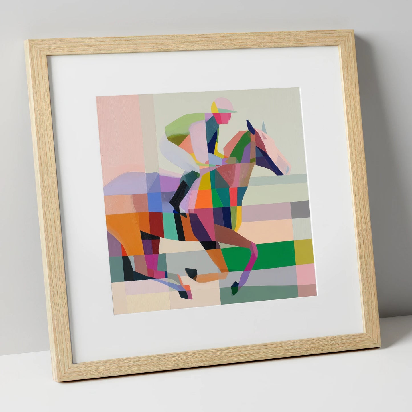 Prismatic Stride racing horse art print in natural frame