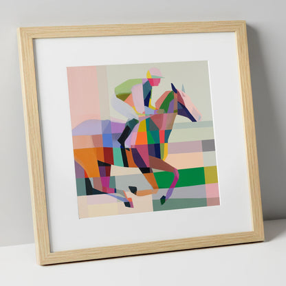 Prismatic Stride racing horse art print in natural frame