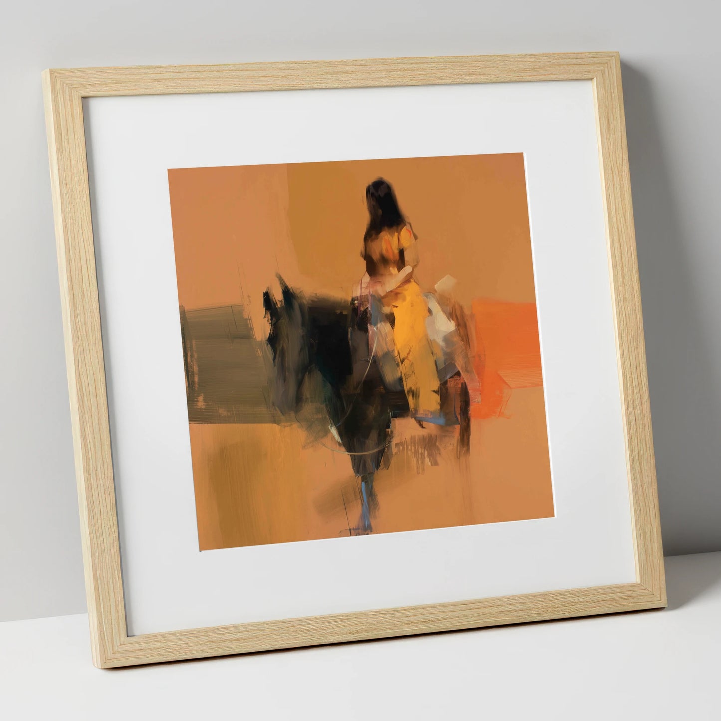 Ochre Rider horse & rider art print in natural frame