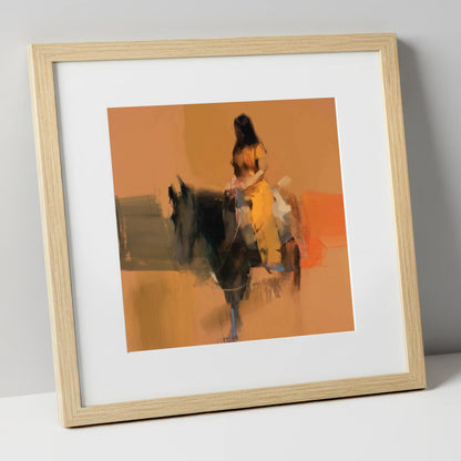 Ochre Rider horse & rider art print in natural frame