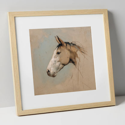 Muted Equine Profile horse portrait art print in natural frame