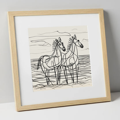 Linear Equine Companions horse landscape art print in natural frame