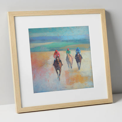 Dawn on the Gallops racing horse art print in natural frame