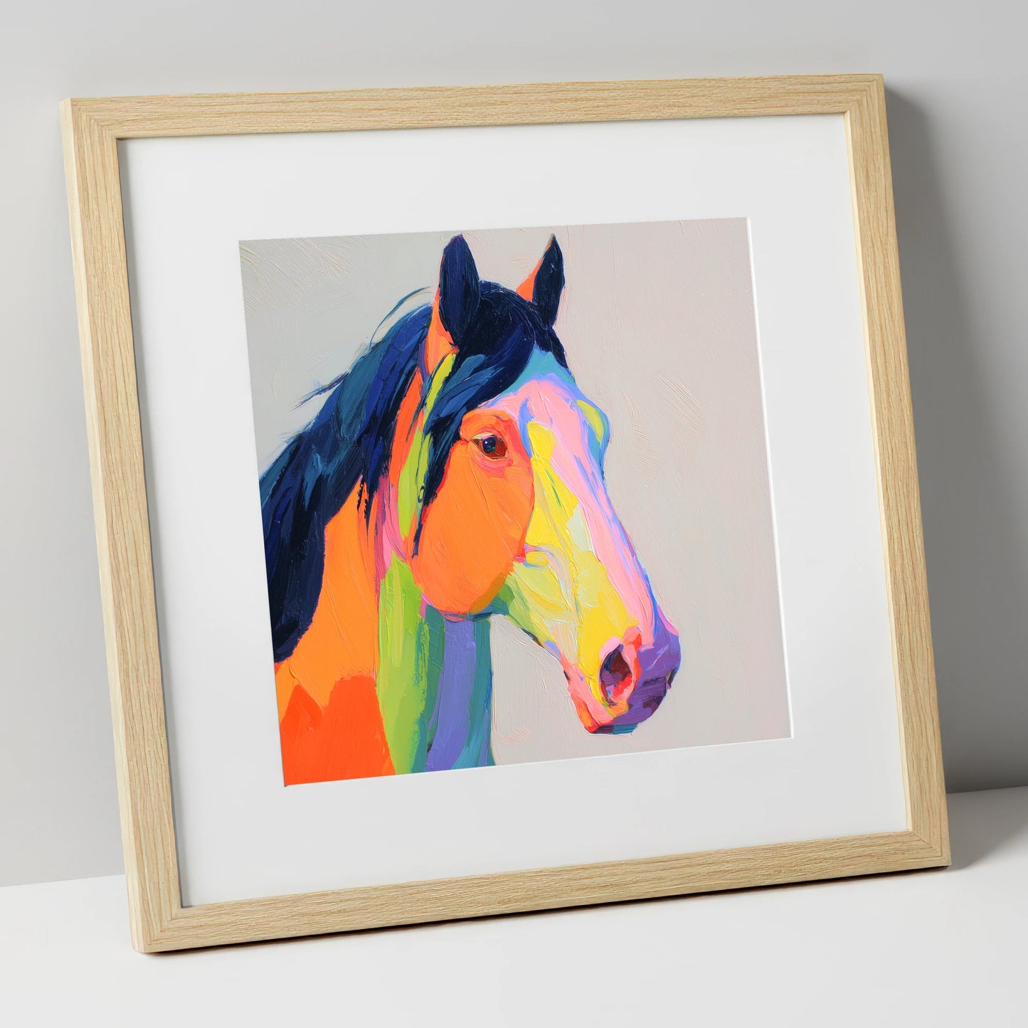 Technicolour Equine Profile horse portrait art print in natural frame