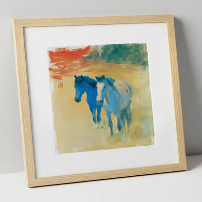 Cobalt Companions horse landscape art print in natural frame