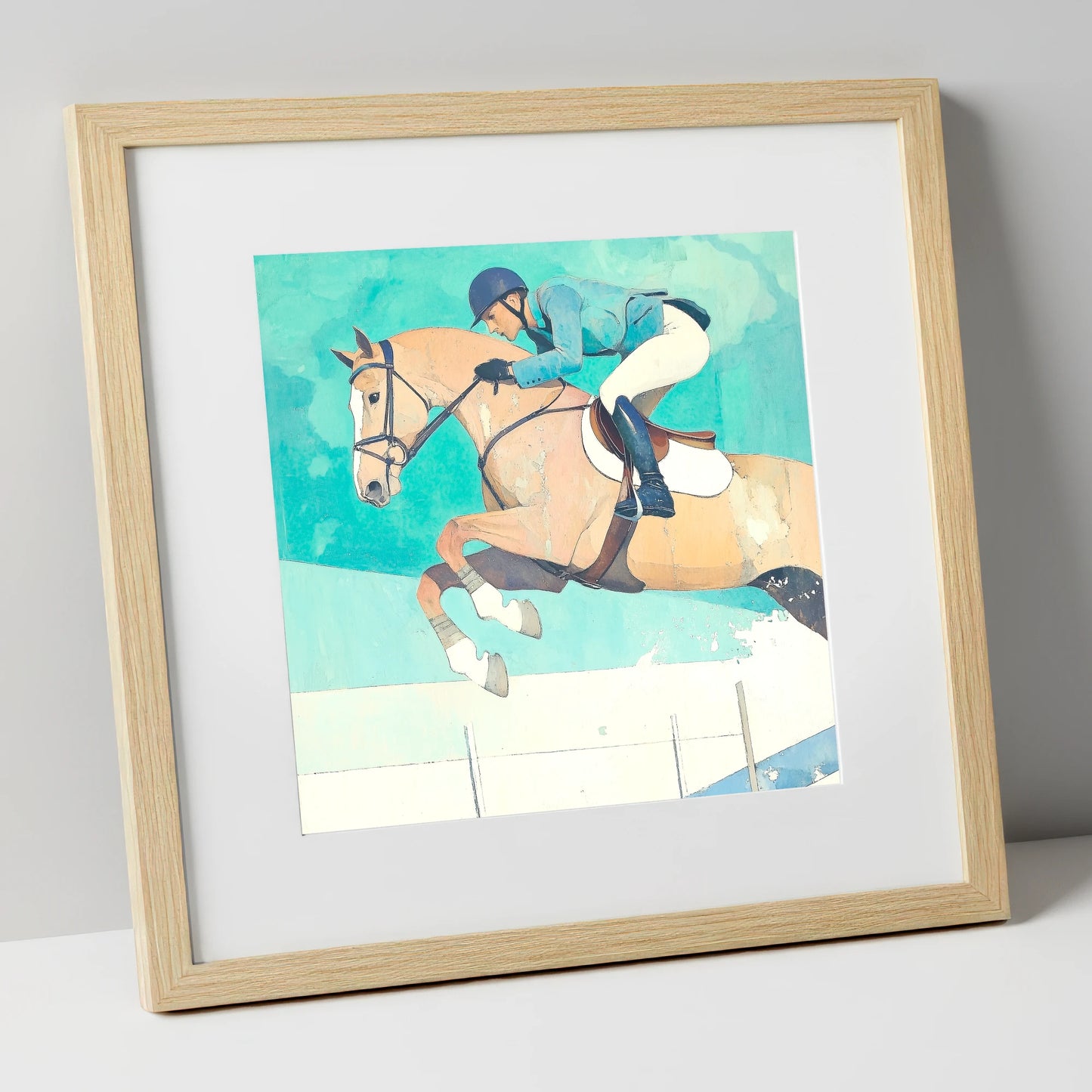 Aquamarine Flight show jumping horse art print in natural frame