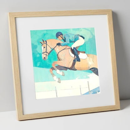 Aquamarine Flight show jumping horse art print in natural frame