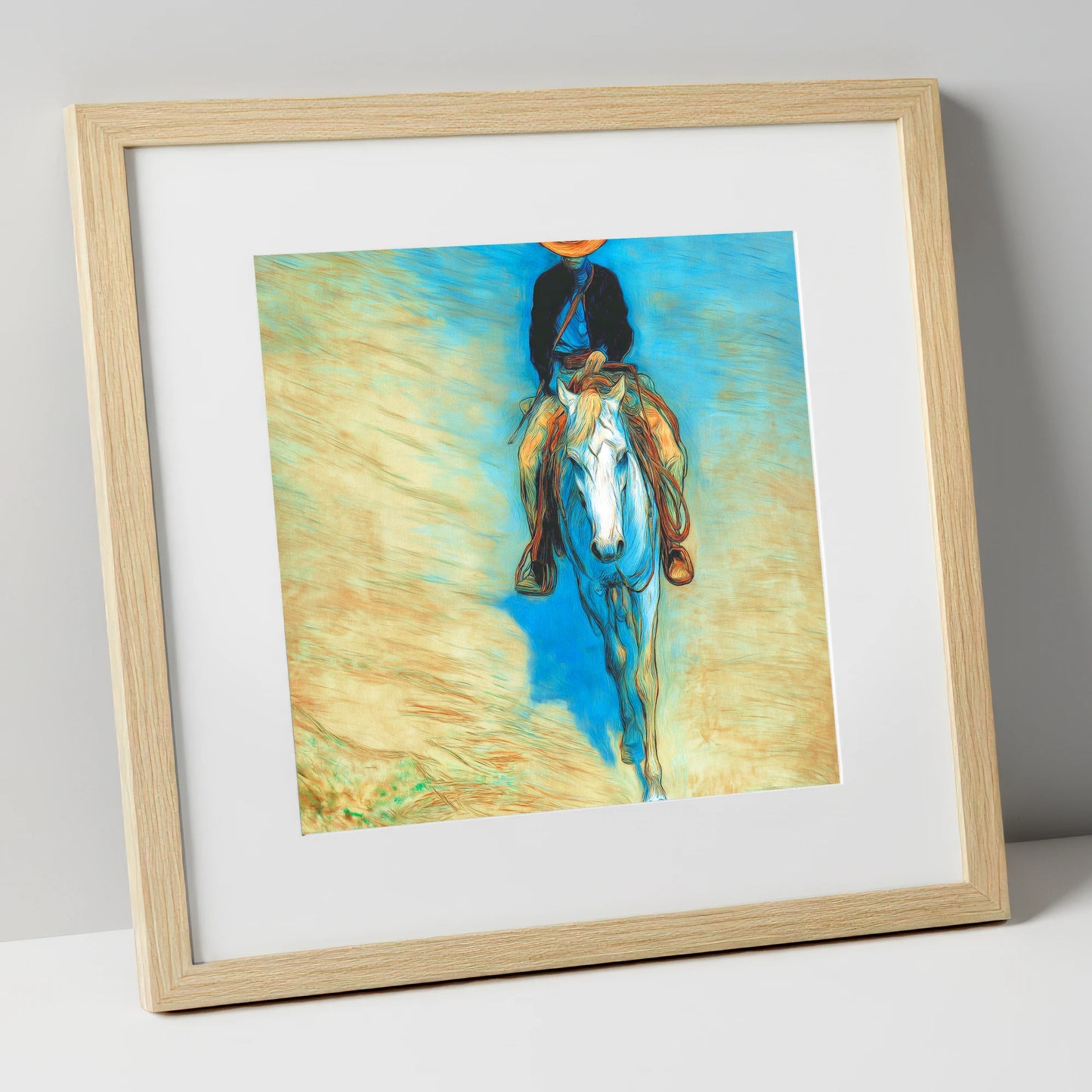 The Blue Trail Rider western horse art print in natural frame