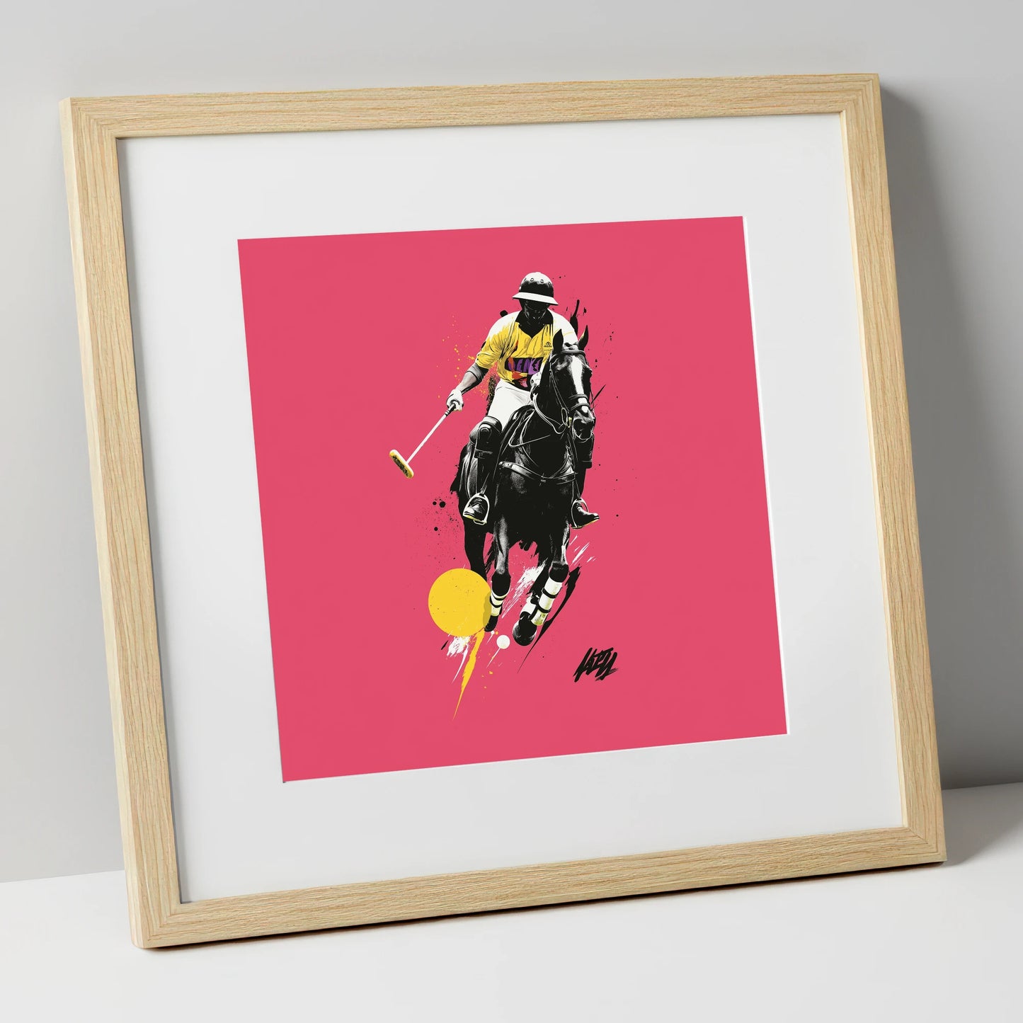 Magenta Chukka polo horse art print in natural frame