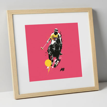 Magenta Chukka polo horse art print in natural frame