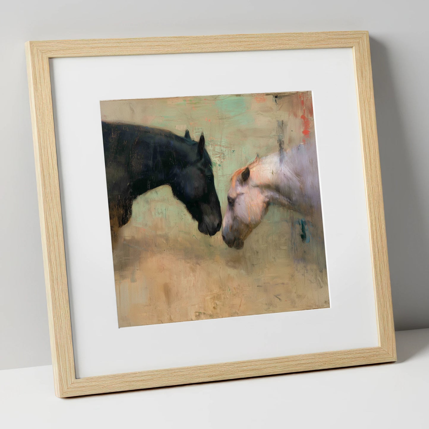 Silent Greeting horse portrait art print in natural frame